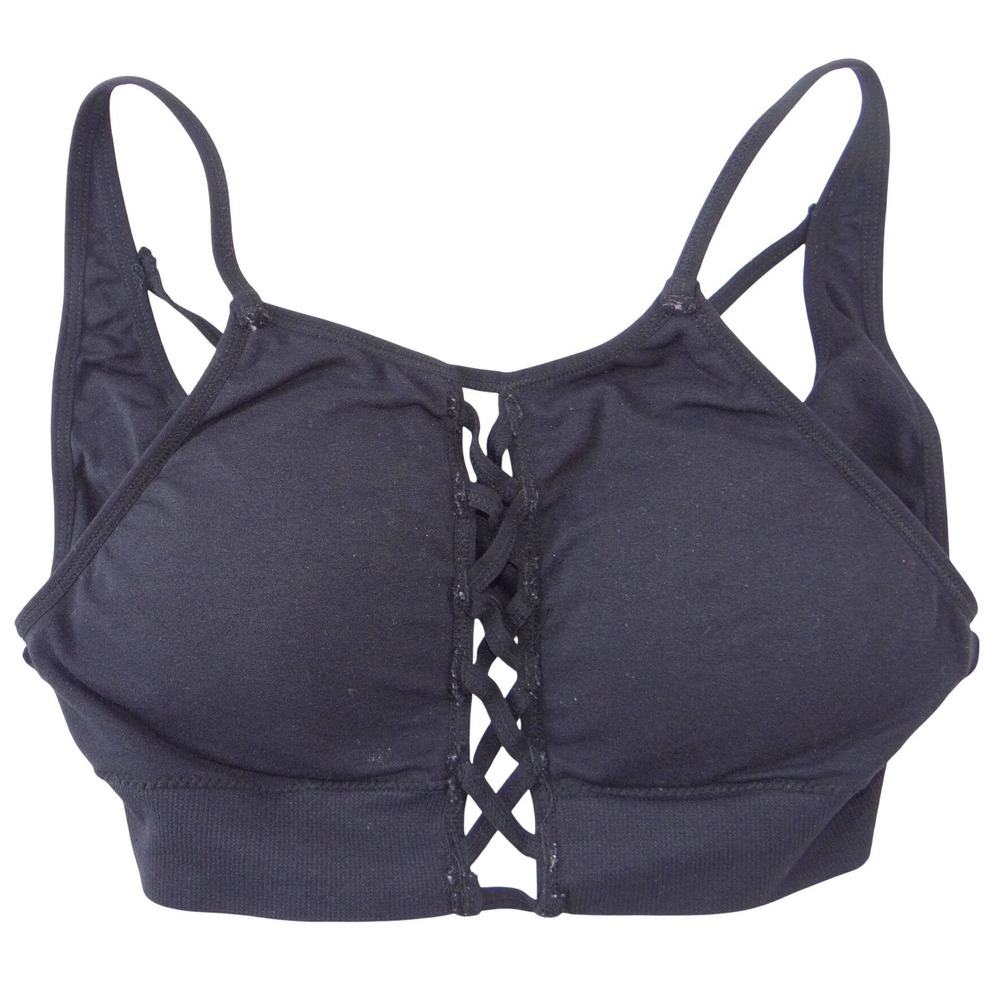 Black‎ Lace Up Front Sports Bra Removable Pads Sleeveless Activewear